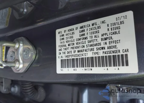 2012 Honda Accord 2.4 Ex-L z USA, uszkodzony, nr VIN 1HGCP2F82CA224727